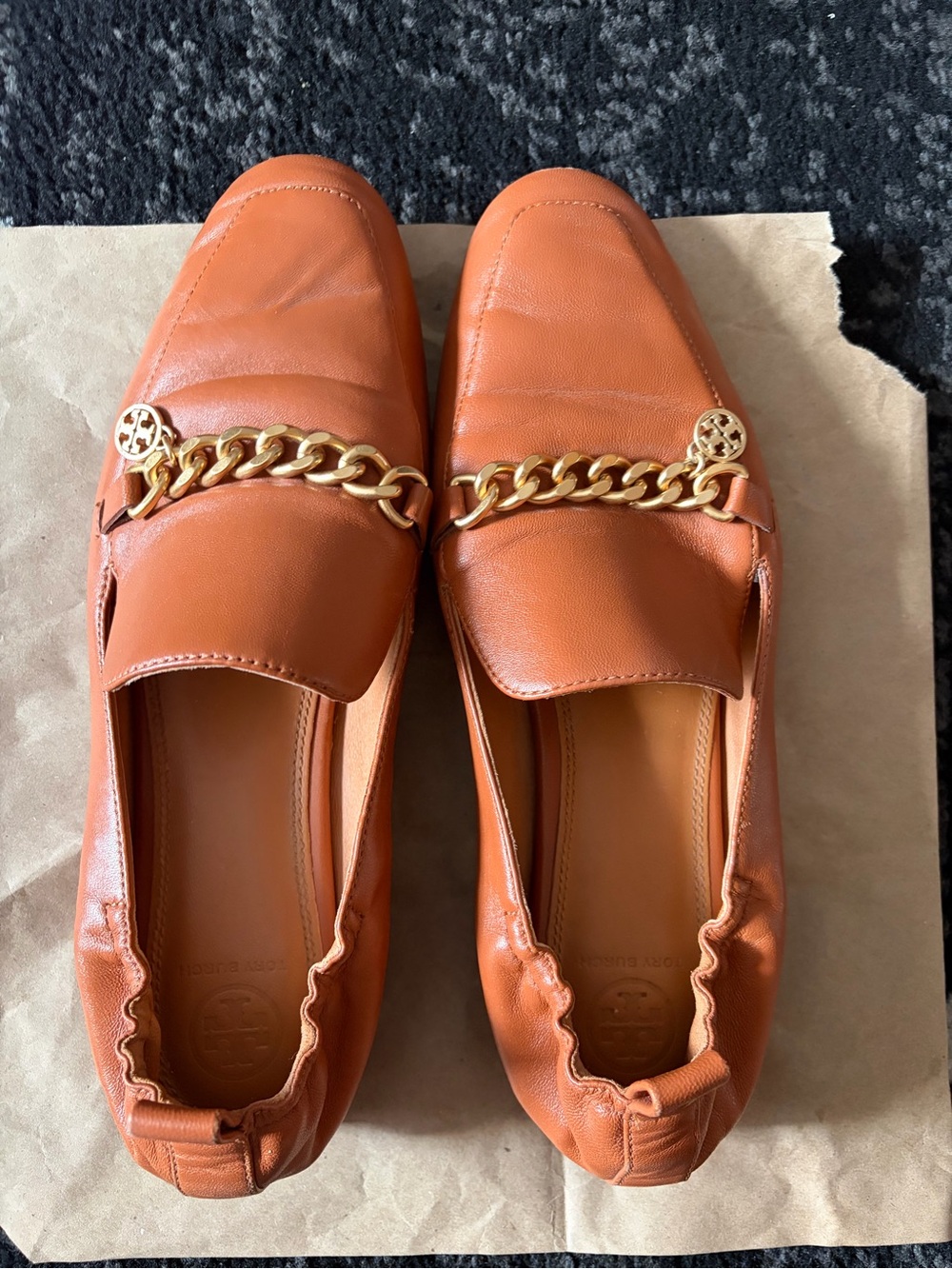 Women’s Tory Burch Leather Chain-Trim Loafers in Tan
